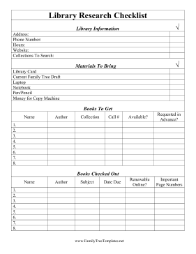 Family Tree Library Research Checklist Template
