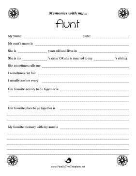 Memories With Aunt Worksheet Template